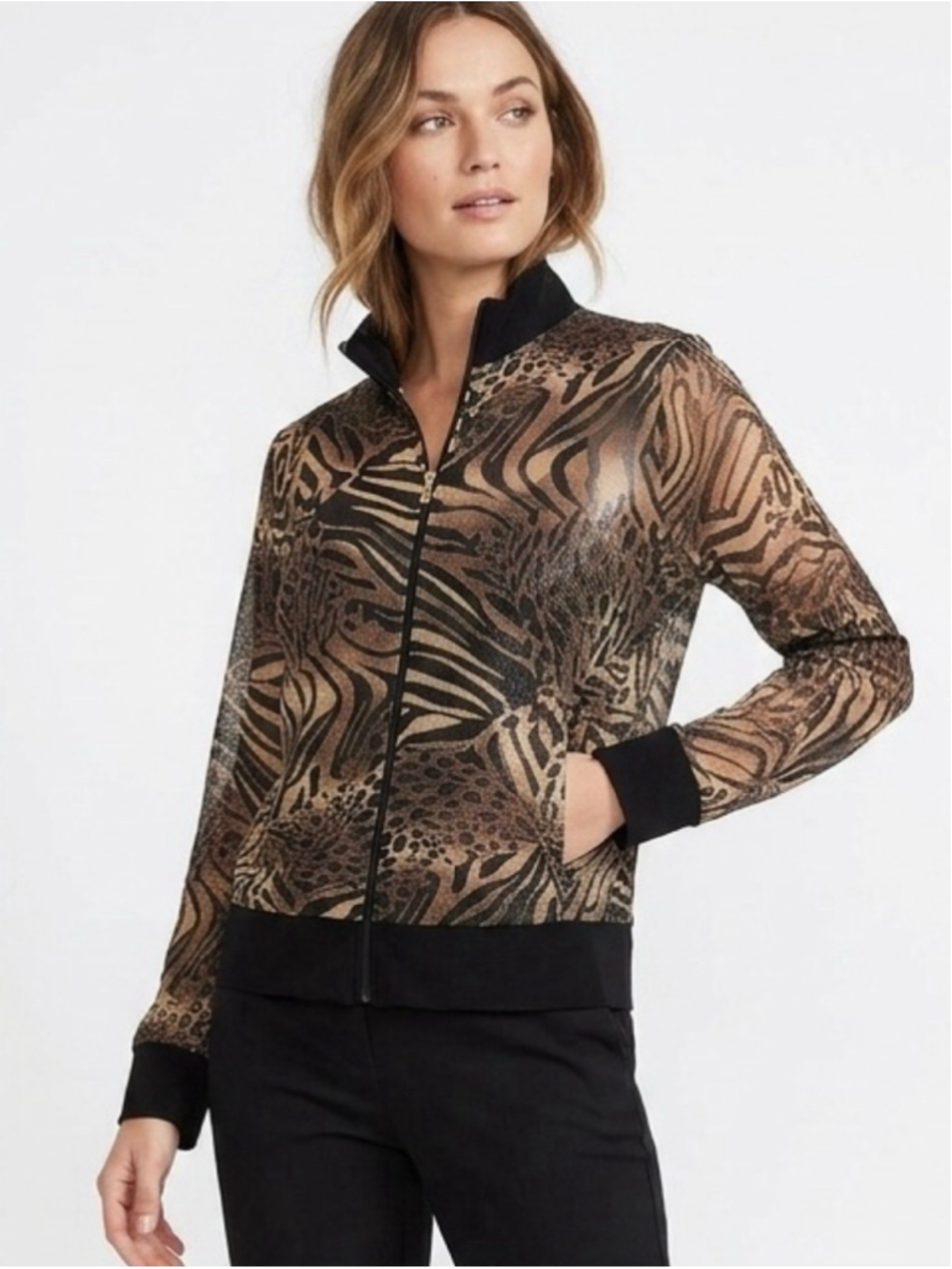 Women's Aar Kay Sheer Animal Print ShimmerZip-Up Jacket Size M Brown Black - 683